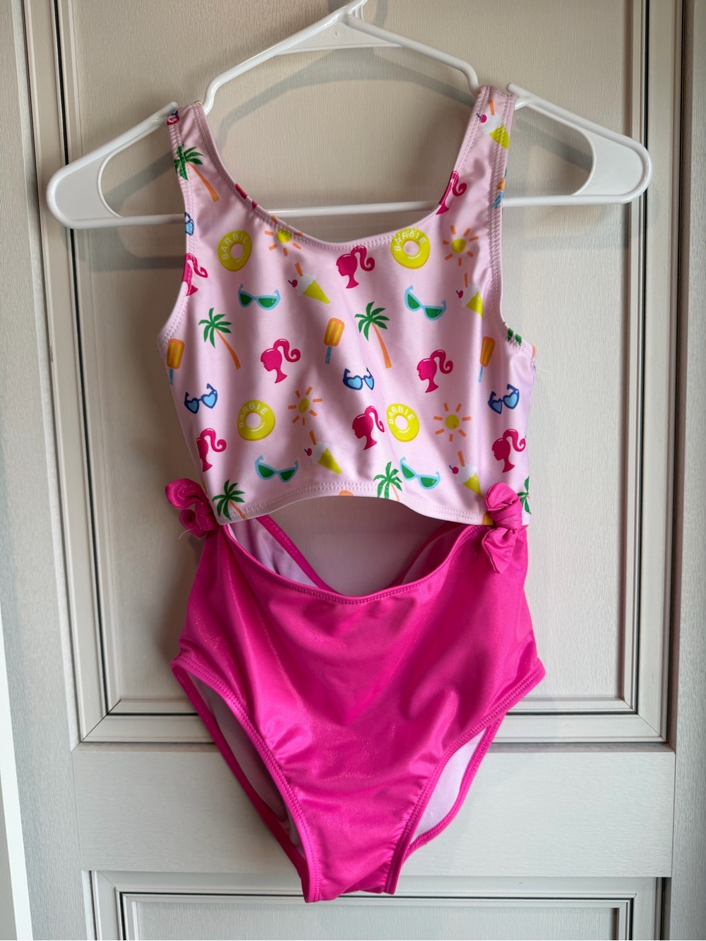Barbie Pink Two-Tone Cutout One-Piece Swimsuit with Summer Icons